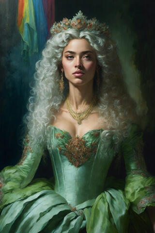 Portrait of a queen with emerald dress, by Leonardo AI
