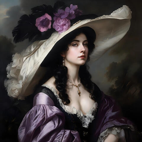 Portrait of a mysterious lady in purple dress with white large hat, by Imagine AI